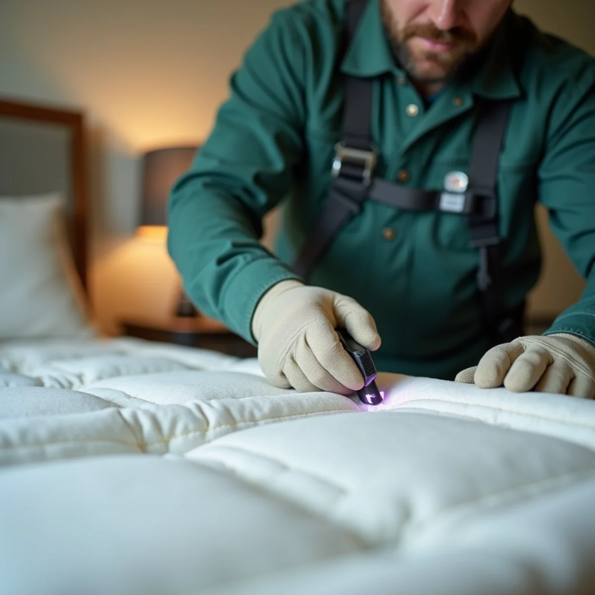 Detailed mattress piping seam inspection with high-intensity light