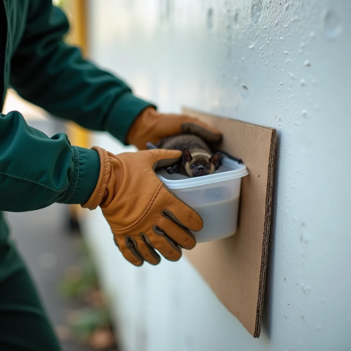 Safe bat capture using heavy leather gloves and plastic container