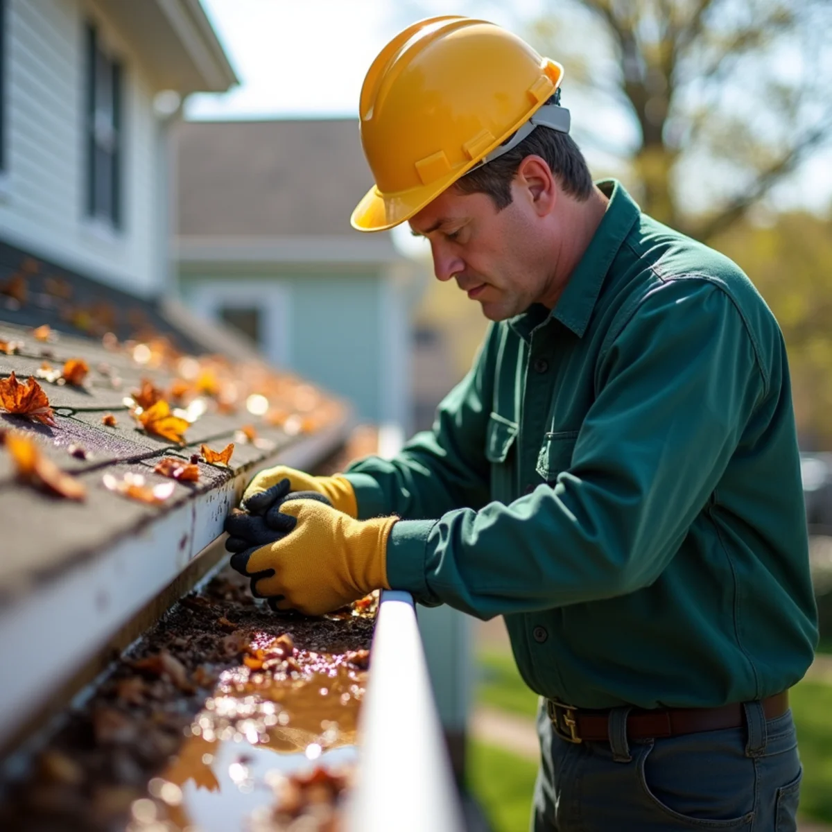 Inspecting clean roof gutters to eliminate standing water pockets