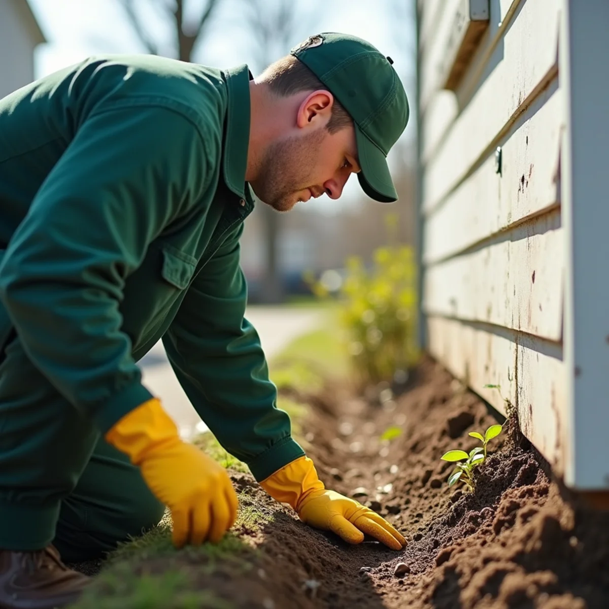 Spring seasonal barrier treatment applied to foundation soil border