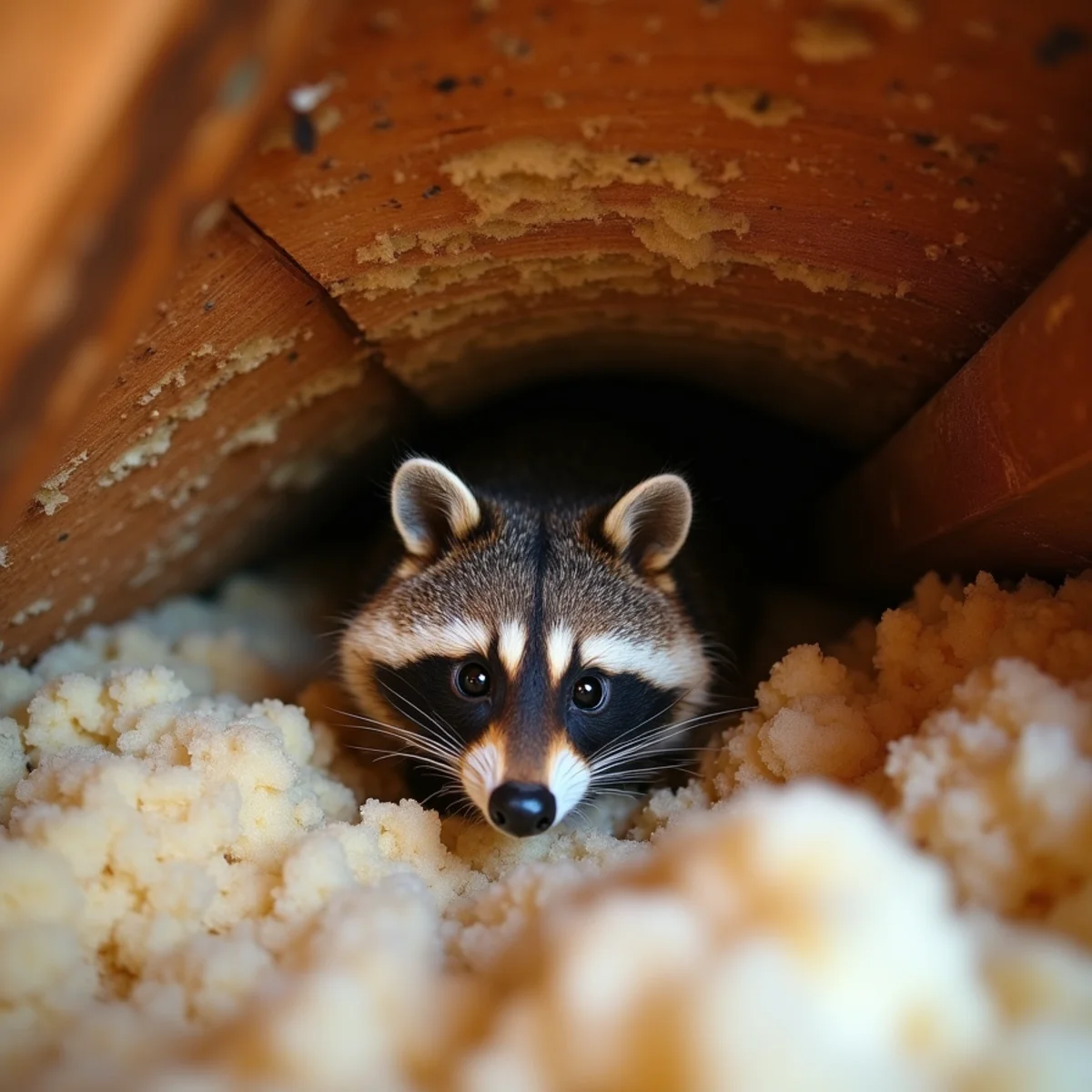 Raccoon maternity nest hollow in blown-in attic fiberglass insulation
