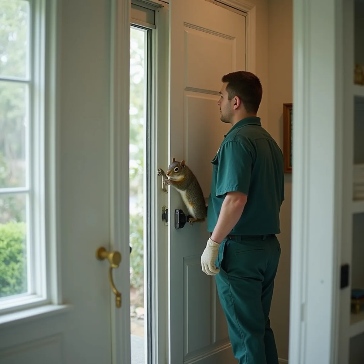 Closing interior doors and opening exterior window to evacuate squirrel