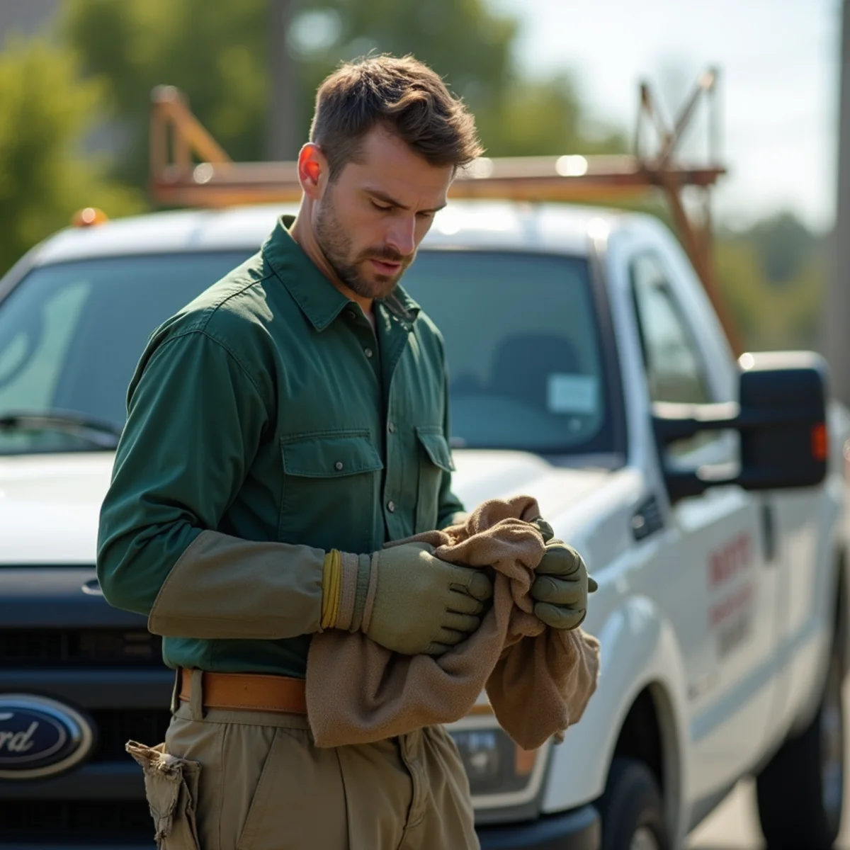 Wildlife specialist using bite-resistant gauntlets and capture blanket