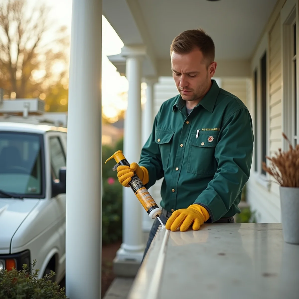 Sealing front porch architectural gaps with weather-resistant caulk