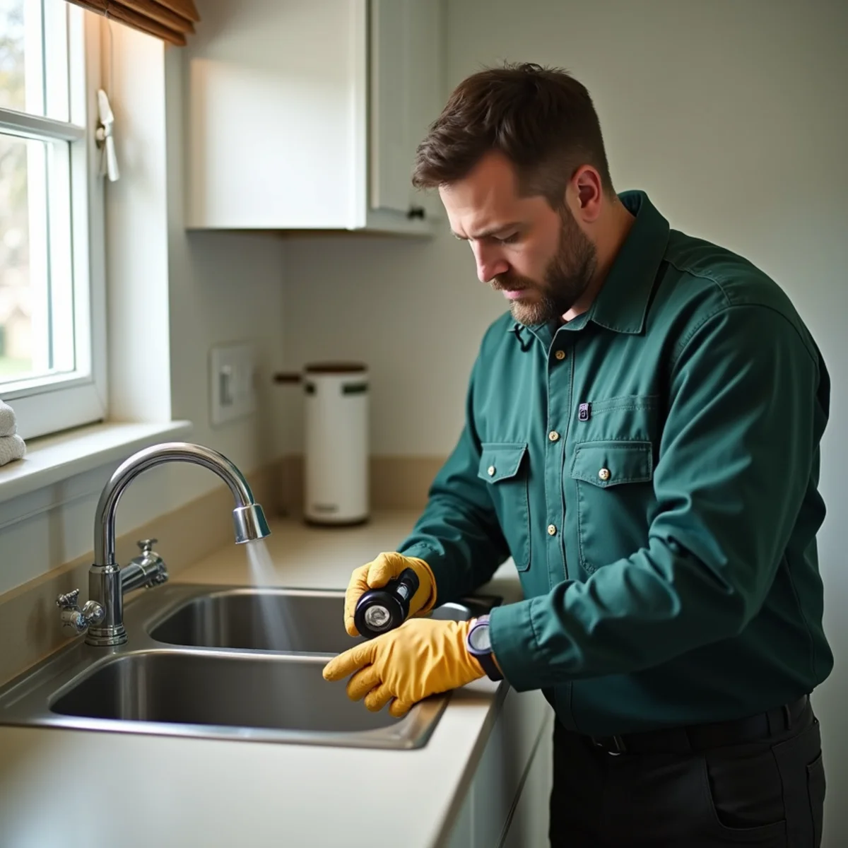 Inspecting office kitchenette under-sink plumbing for moisture and ants