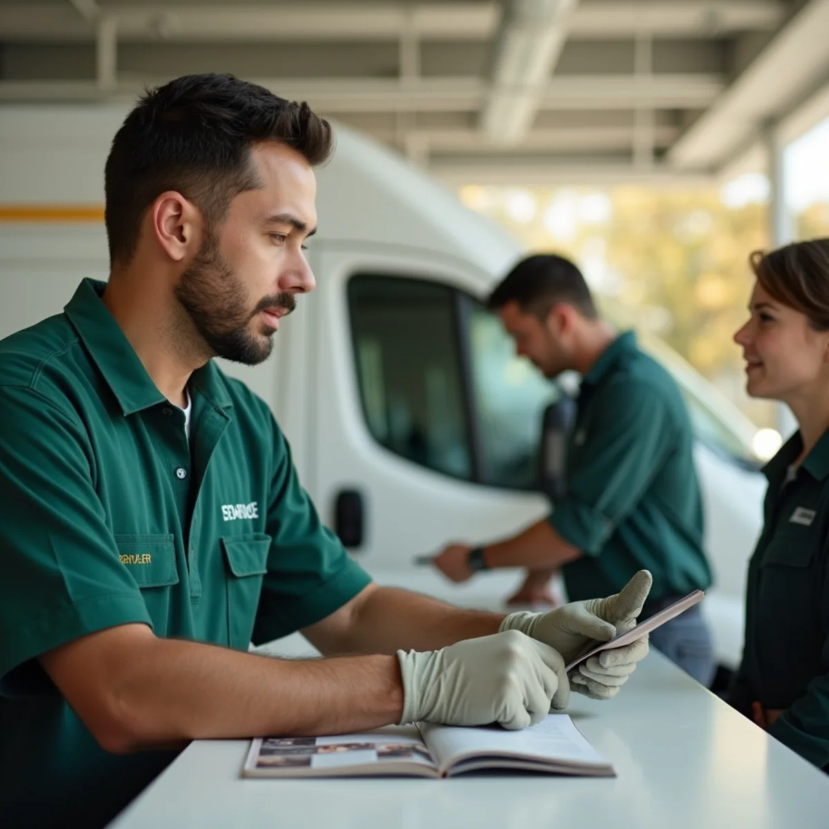 Technician checking out with office security guard after quiet evening service