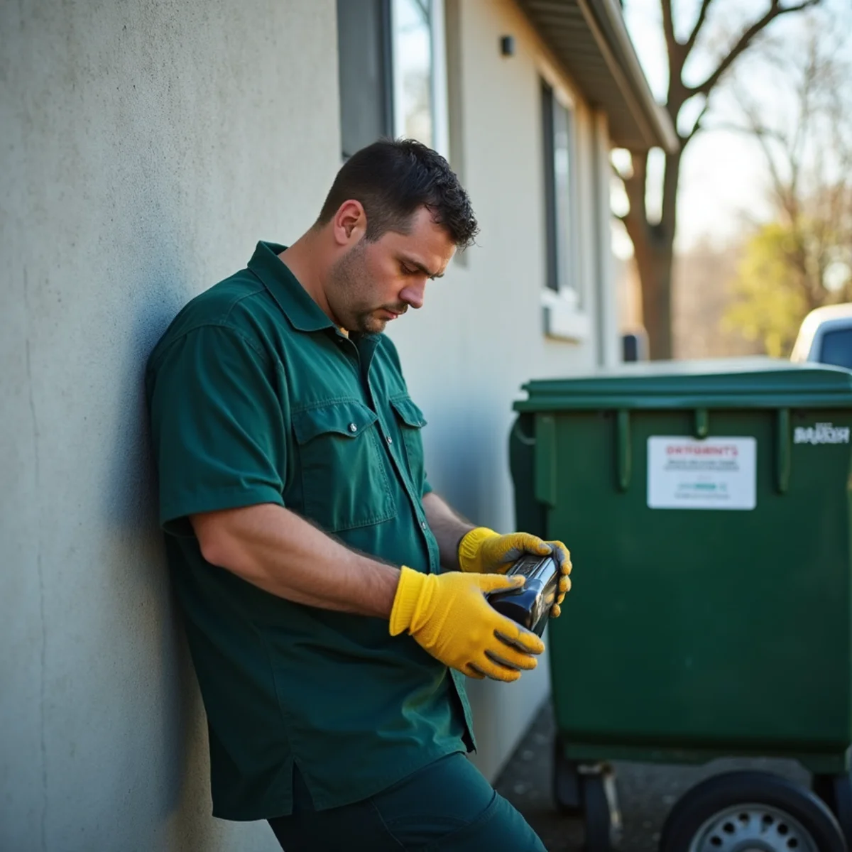 Heavy-duty rodent bait station inside apartment complex dumpster corral