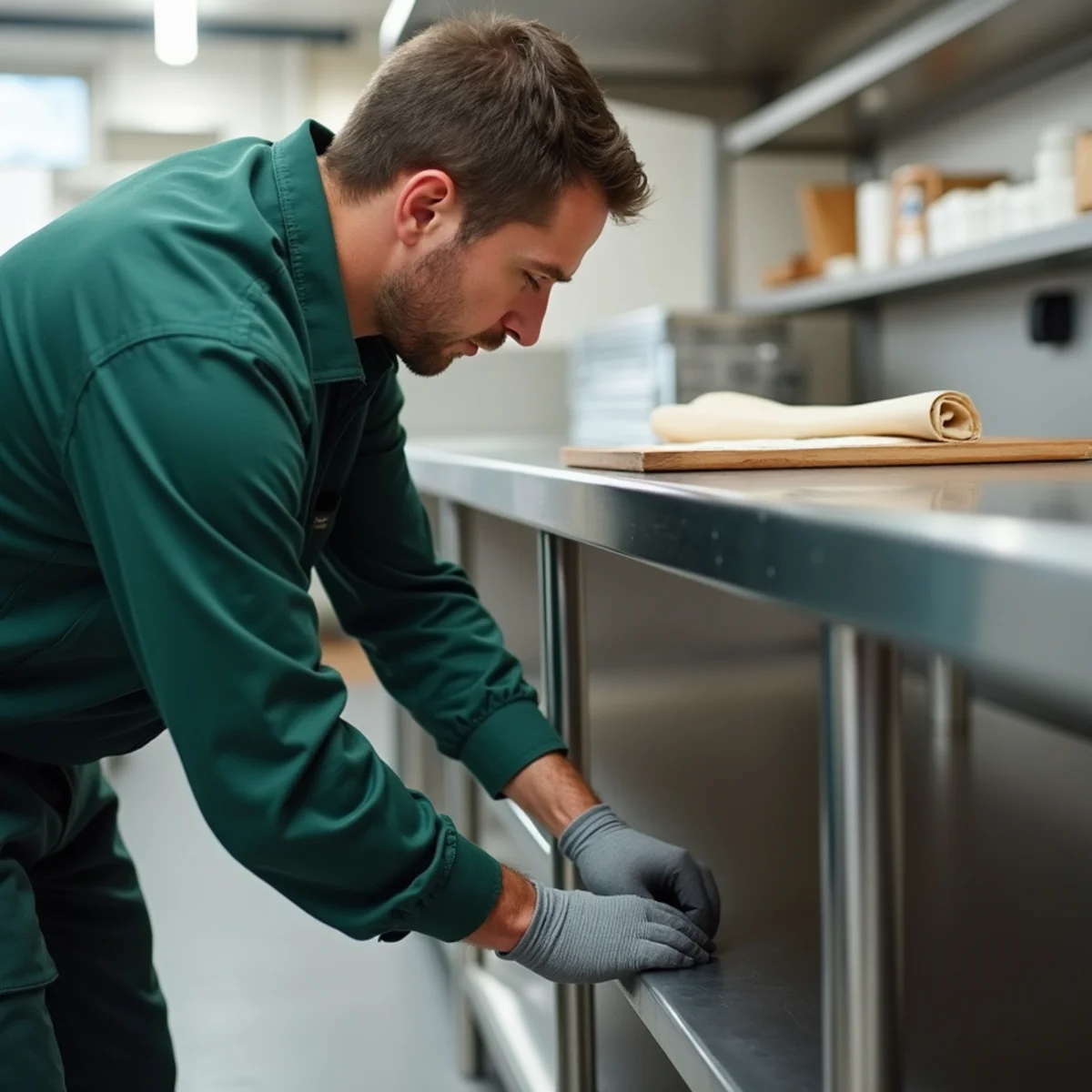 Inspecting stainless steel commercial food prep table legs