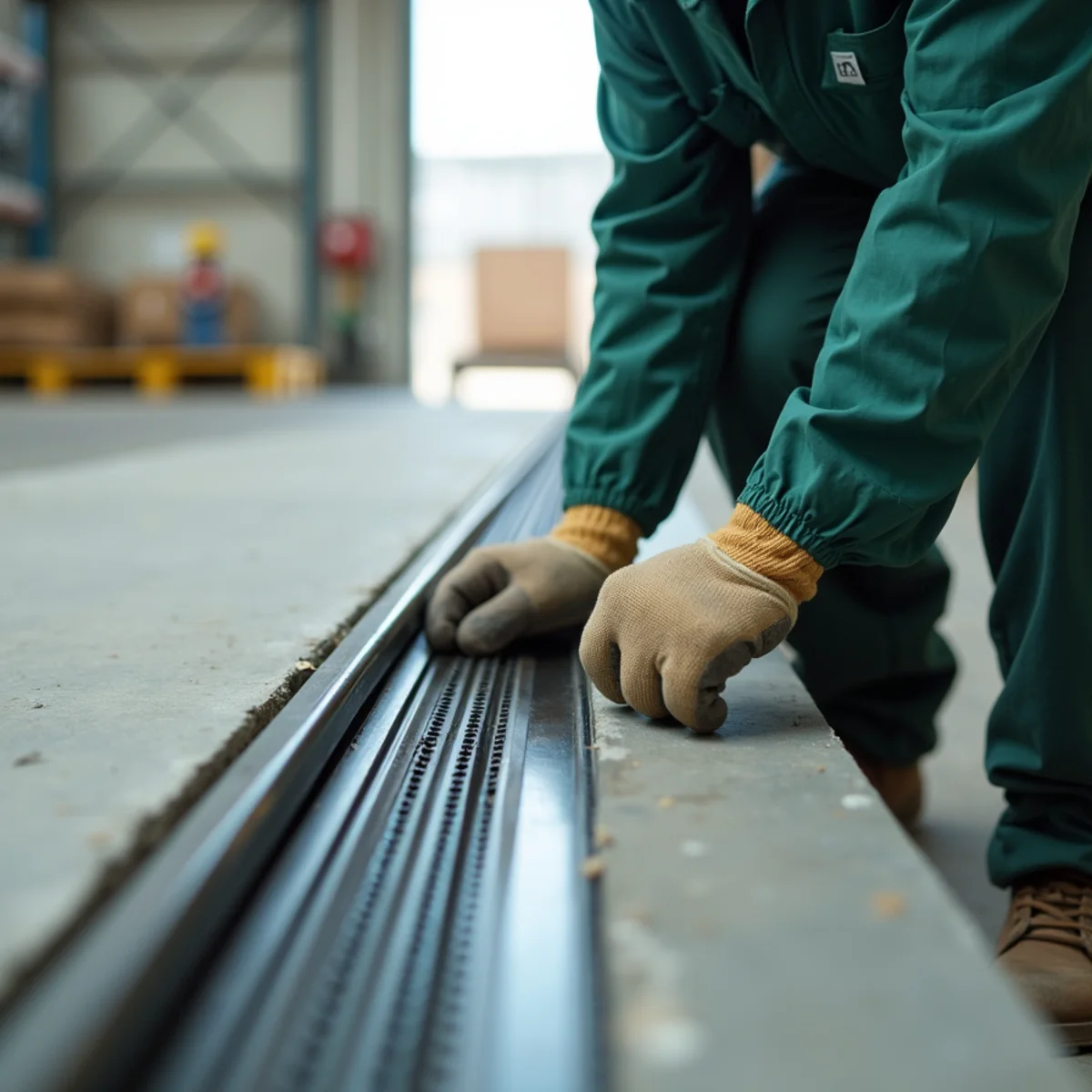 Inspecting industrial overhead door track rubber weather seal