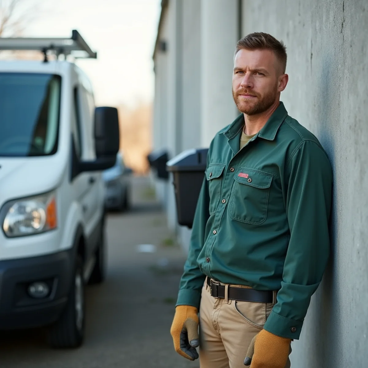 Exterior rodent monitoring stations along warehouse concrete perimeter wall