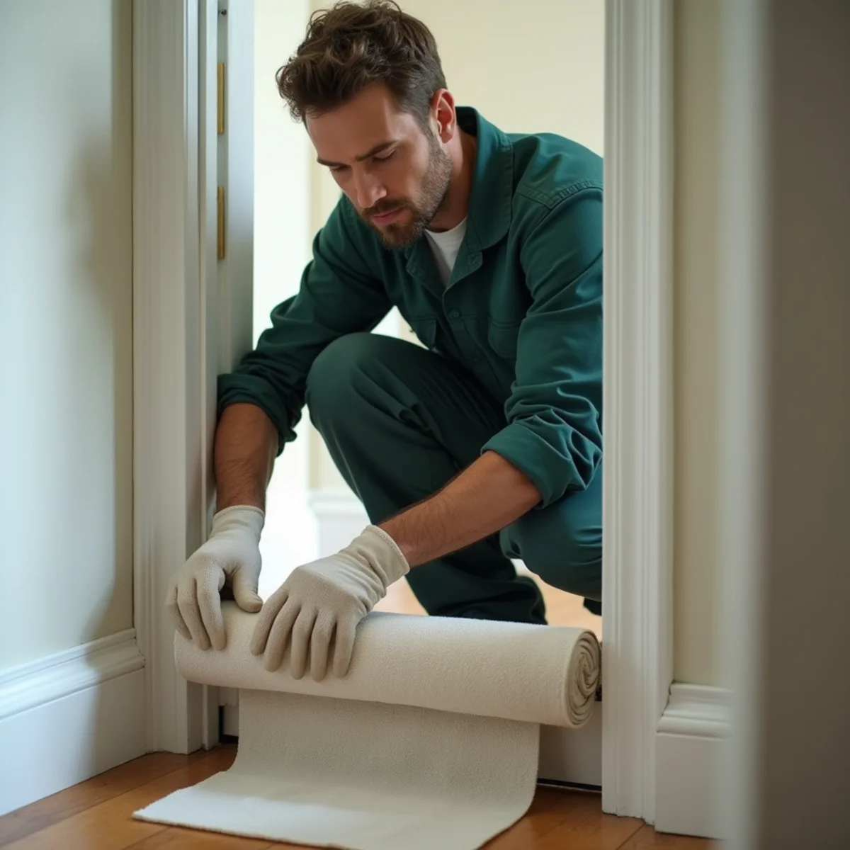 Closing interior door and rolling towel to contain animal in room