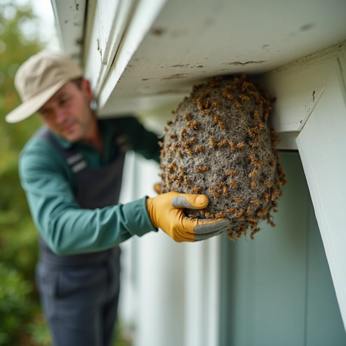 Active bald-faced hornet paper nest suspended beneath roof soffit