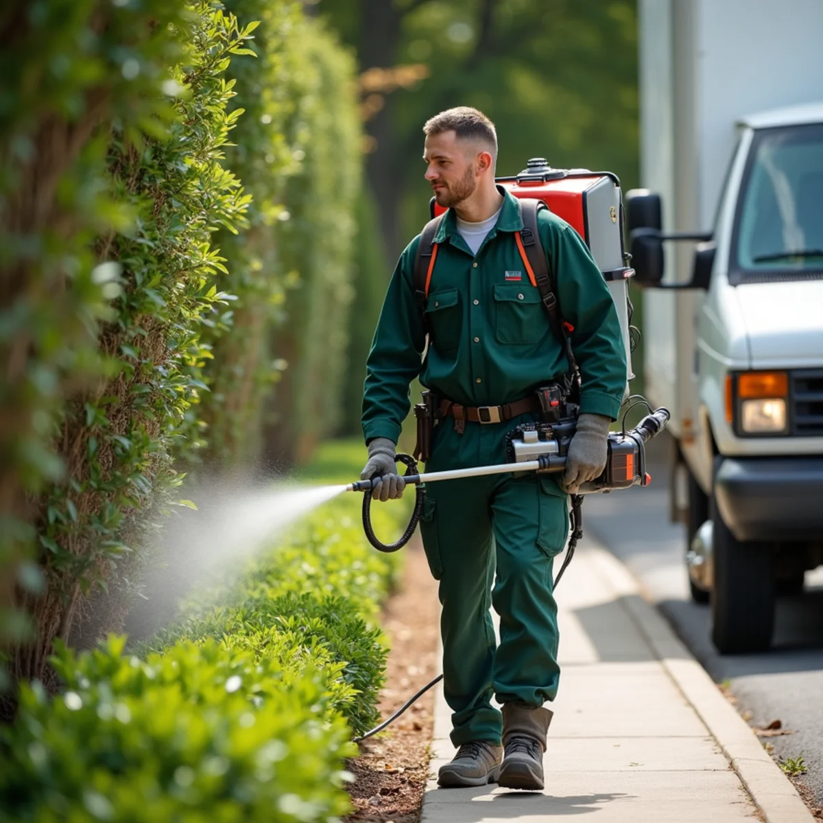 Backpack mist blower treating low shrubbery for ticks