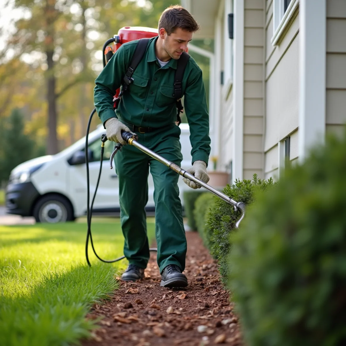 Spring seasonal perimeter barrier application along foundation