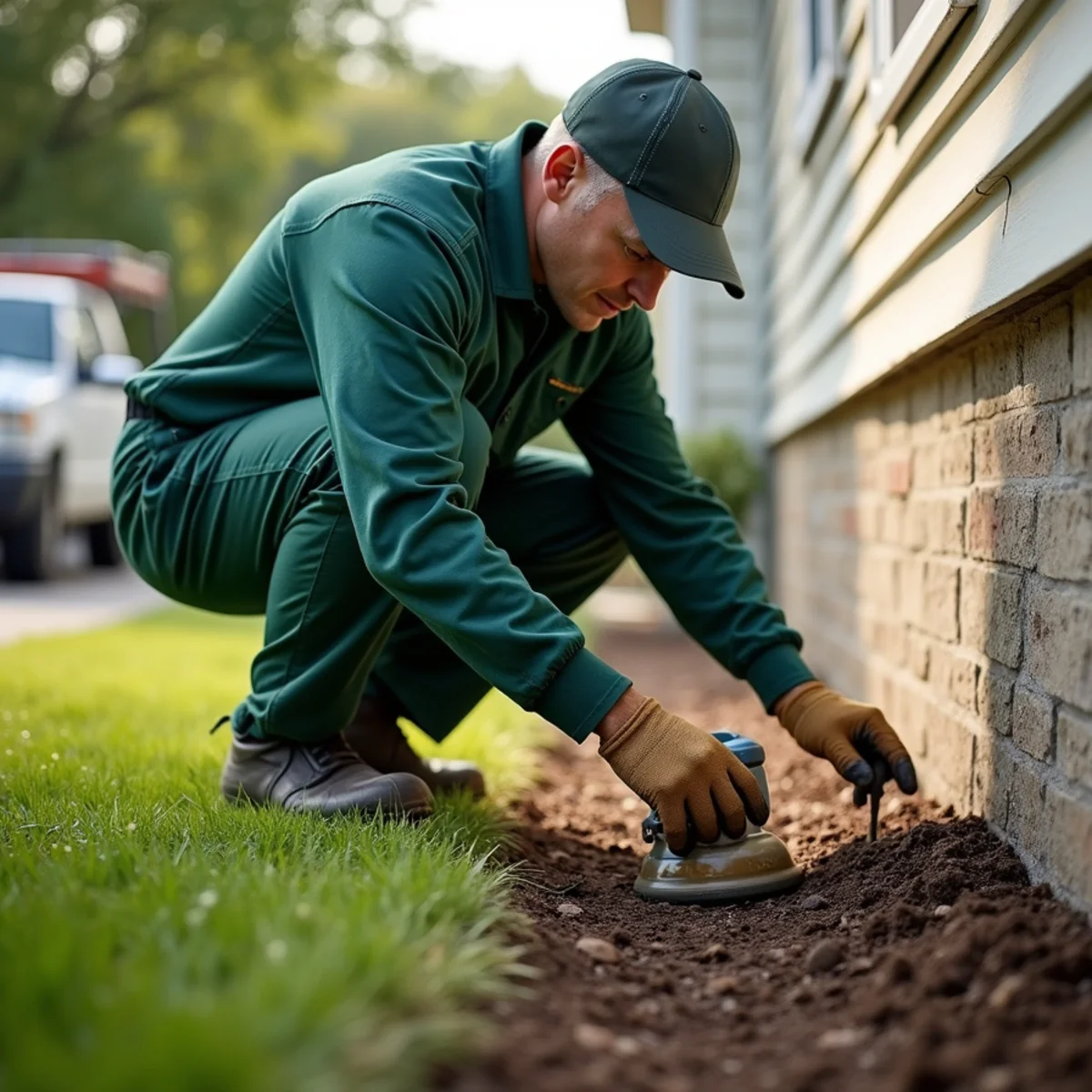 Liquid barrier spray applied between garden mulch and foundation