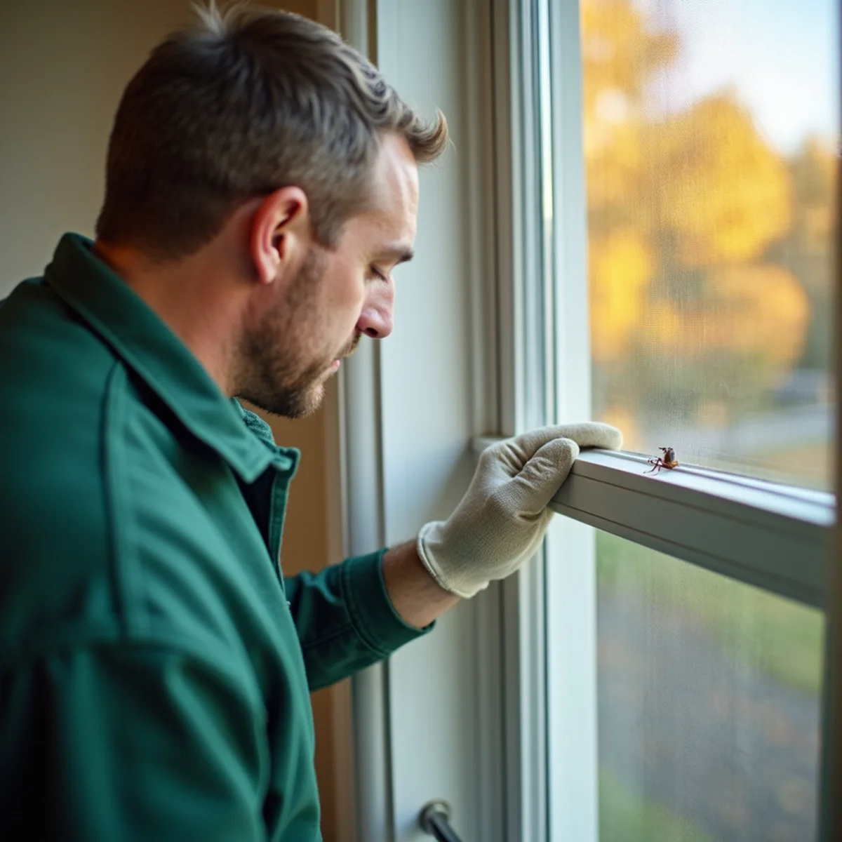 Inspecting torn window screen corner permitting stink bug attic entry