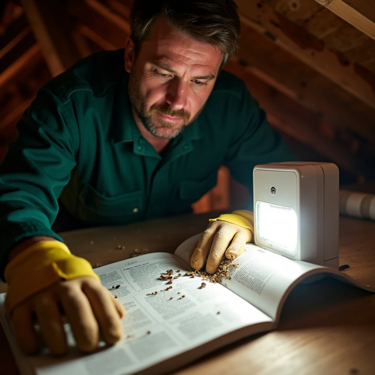 Attic LED light trap collecting overwintering stink bugs