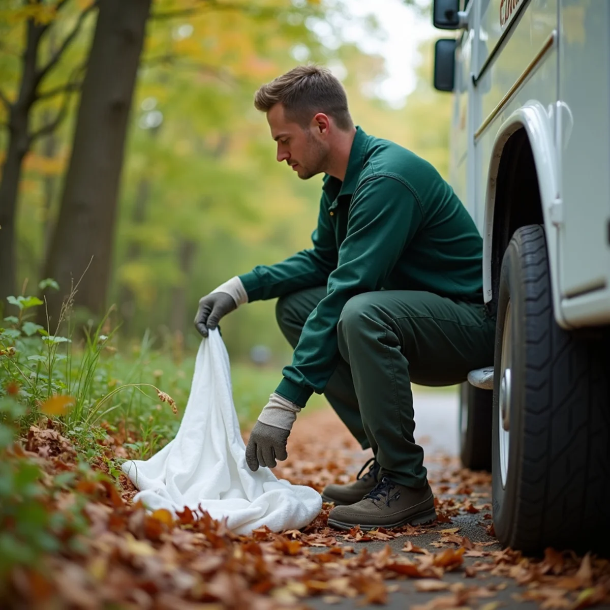 Tick dragging survey using white flannel cloth along wooded lawn boundary