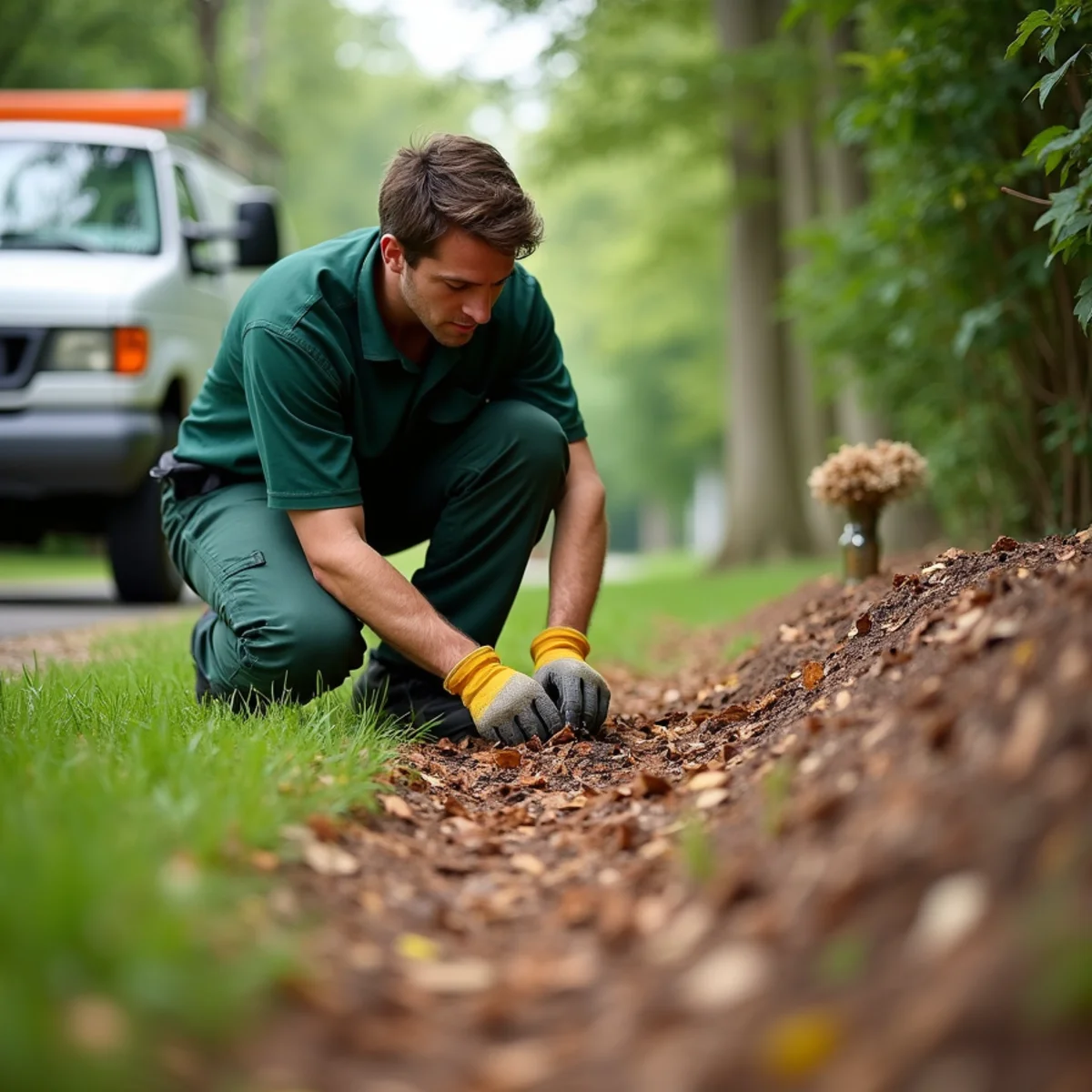 Three-foot wide cedar wood chip buffer zone separating lawn from woods