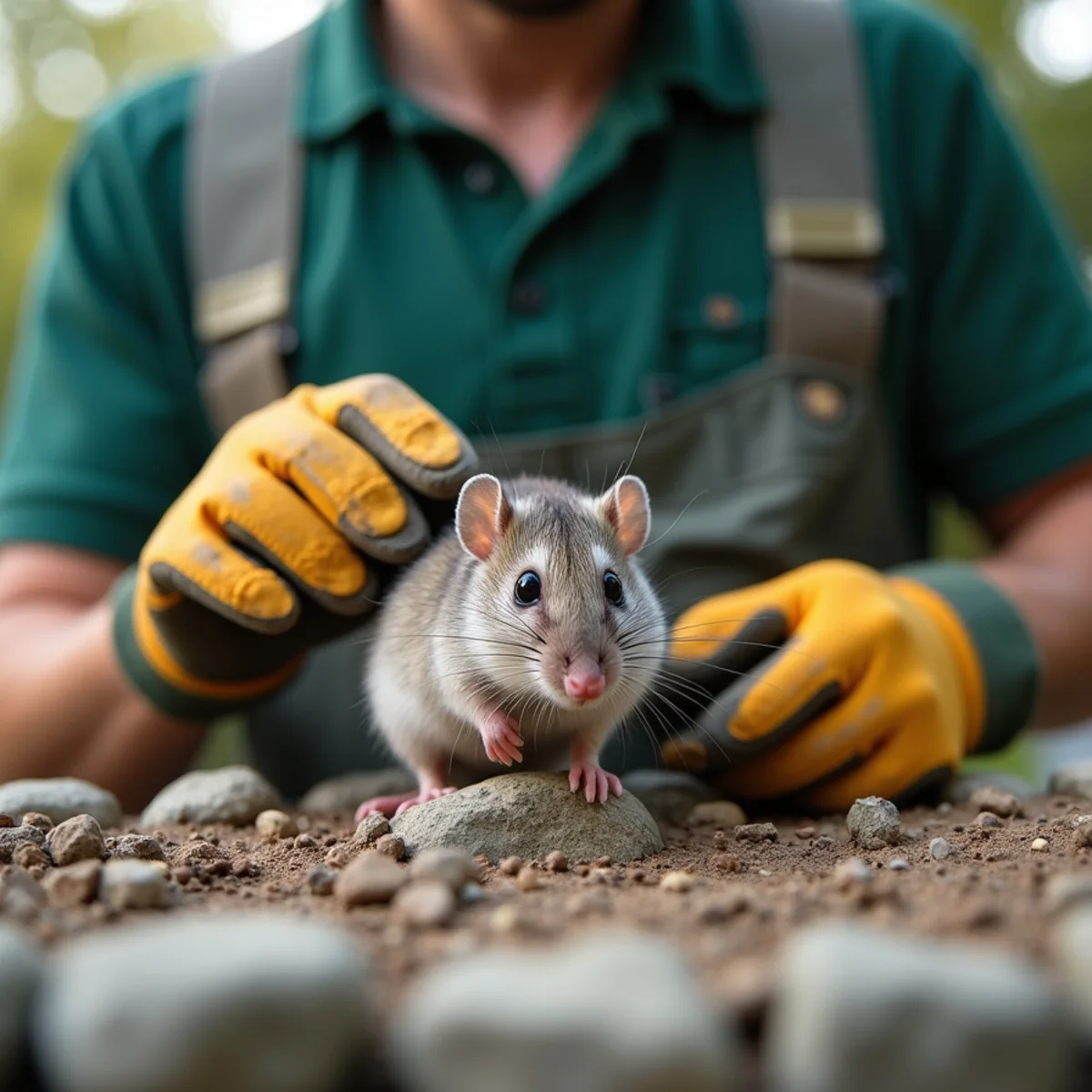 Placing permethrin-treated cotton tick tube into stone wall for mice