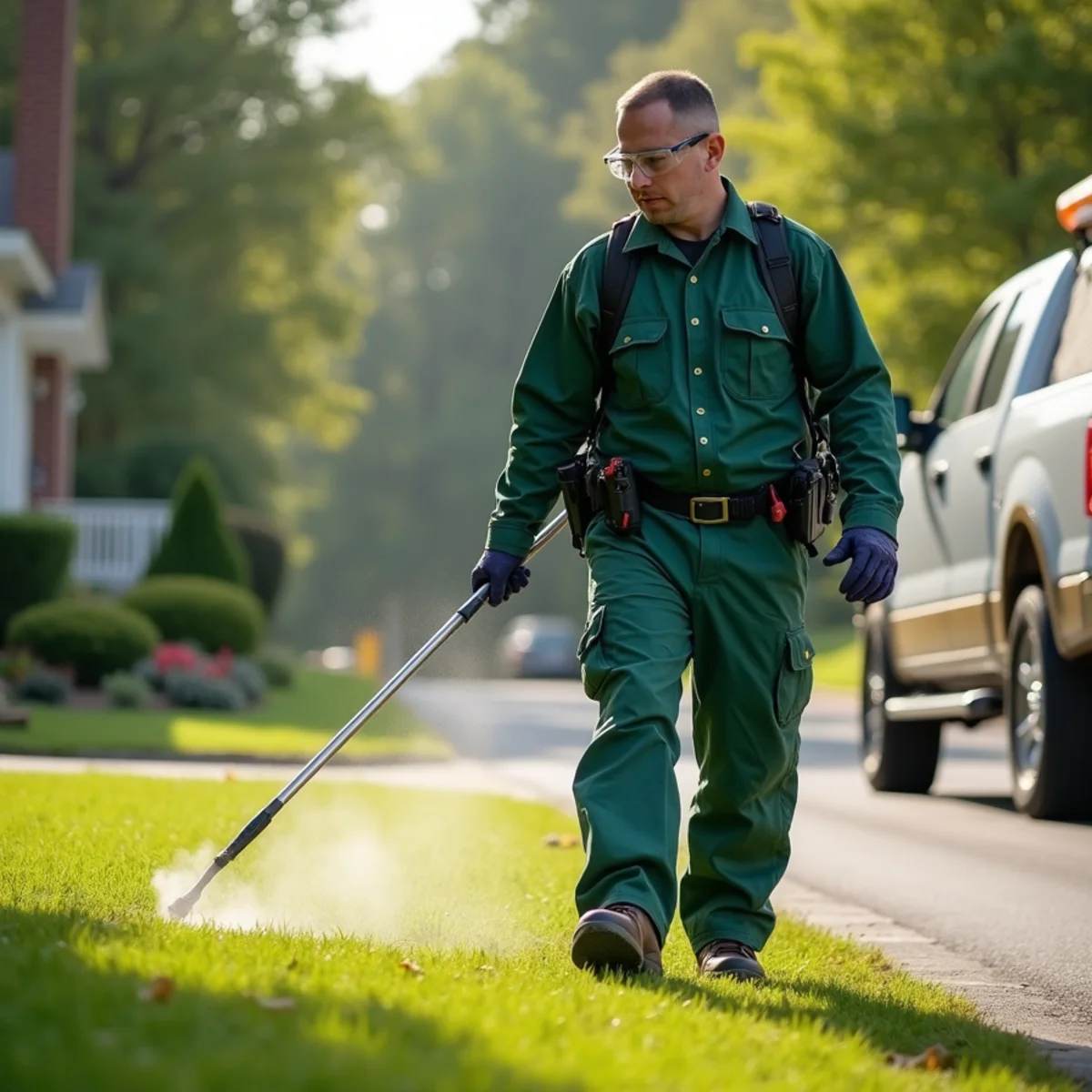 Seasonal exterior barrier defense misting along residential lawn border