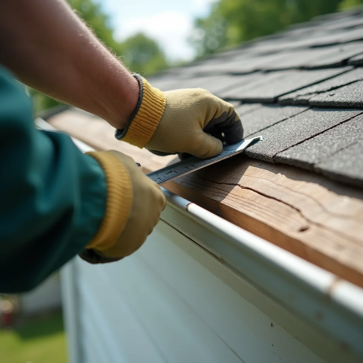 Inspecting wildlife roof fascia gnaw damage along gutter line
